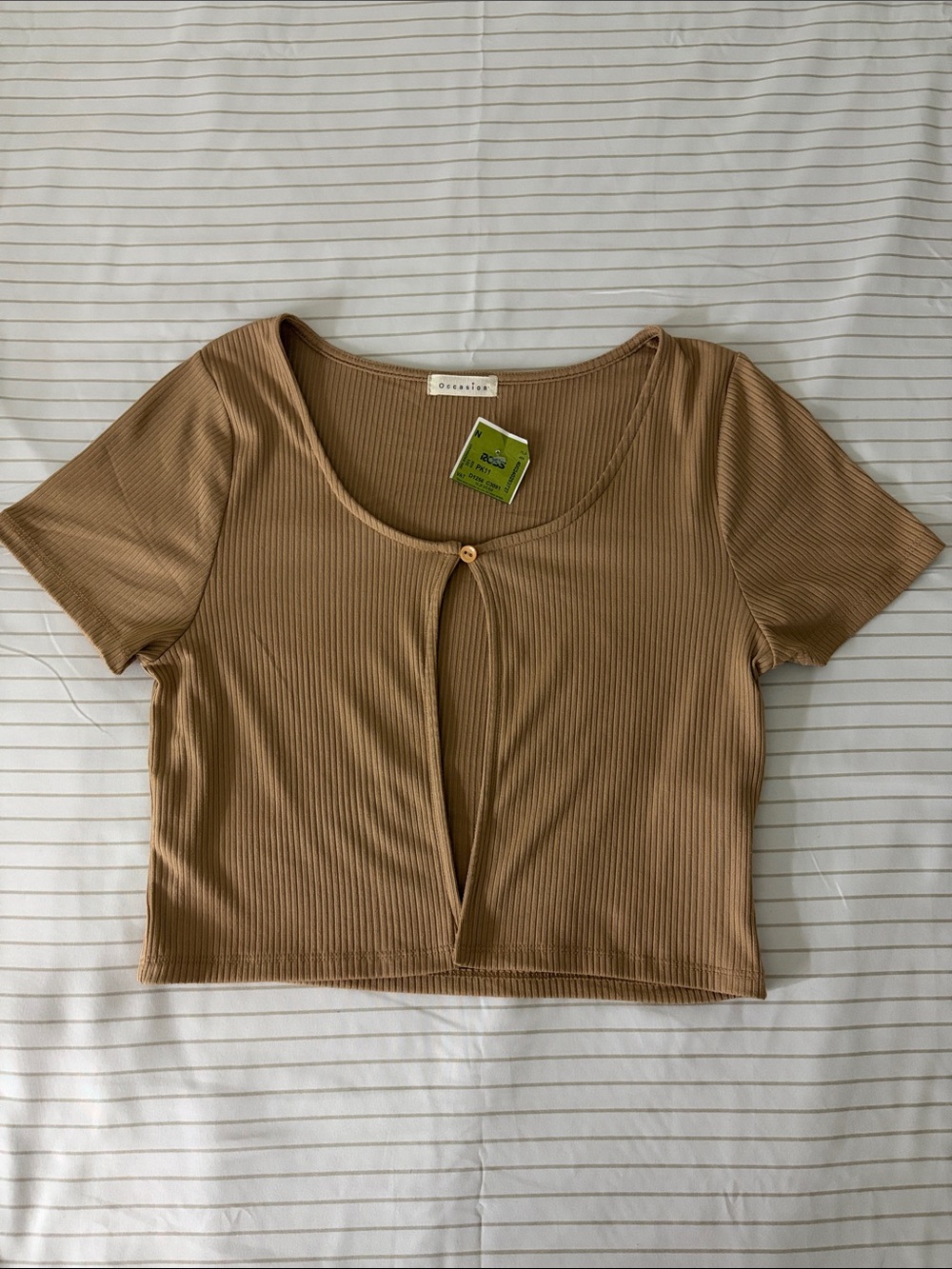 Occasion Ribbed Tan Crop Top with Front Keyhole